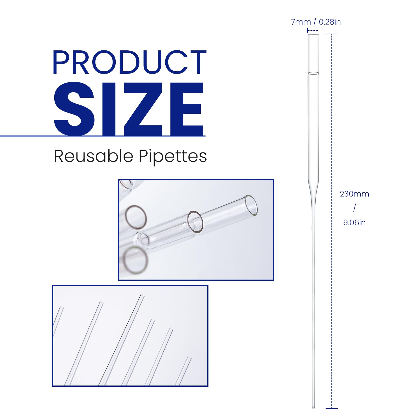 Pipetas de cristal Pasteur de cristal, pipetas de cristal de borosilicato, pipetas de transferencia de líquido sin duar para química de laboratorio, 7 × 230 mm, 250 unidades/pk