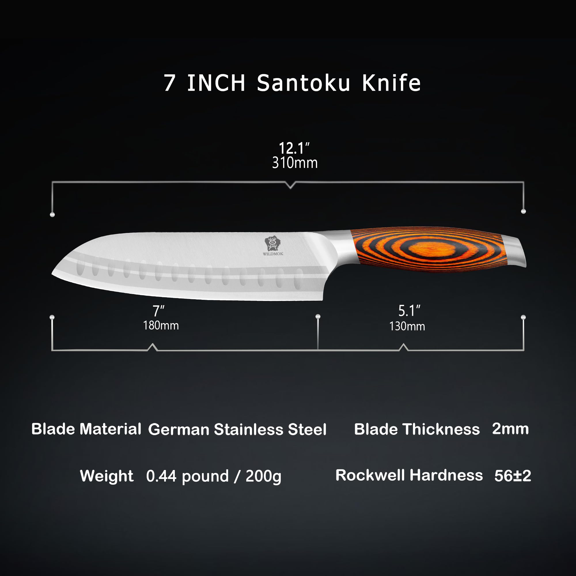 WILDMOK 18cm Santoku Messer Asiatischer Art, Santokumesser, Deutsch Edelstahl Küchenmesser mit ergonomischem Griff für Haus und Restaurant