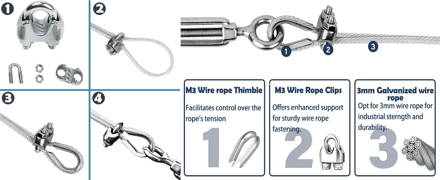 Produktbild von 20 M Edelstahl-Drahtseil-Set 3 Mm – PVC-ummantelt, Mit Spannschloss, Ösen, Klemmen & Kauschen – Für Rankhilfen, Lichterketten & Gardinen