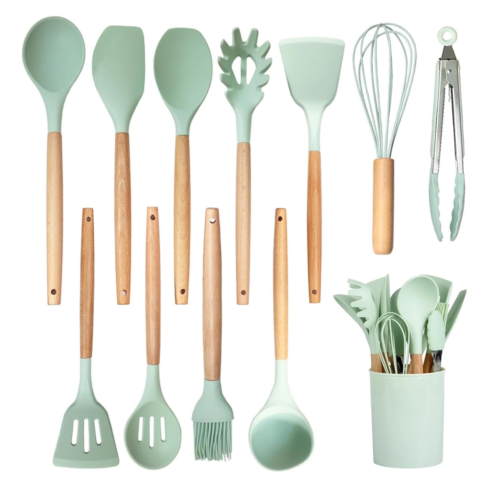Küchenhelfer-Set, Silikon-Kochutensilien-Set mit Holzgriff, hitzebeständig, antihaftbeschichtet, BPA-frei, spülmaschinenfest, 12-teilig