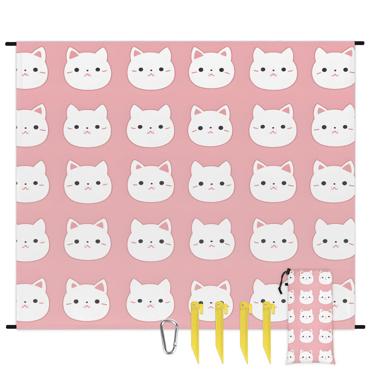 Eabrults Waterproof Sandproof Beach Blanket, 59''×68'' Cats Polyester Outdoor Picnic Blanket with 4 Stakes & Storage Bag for Beach,Camping,Vacation Pink Bottom
