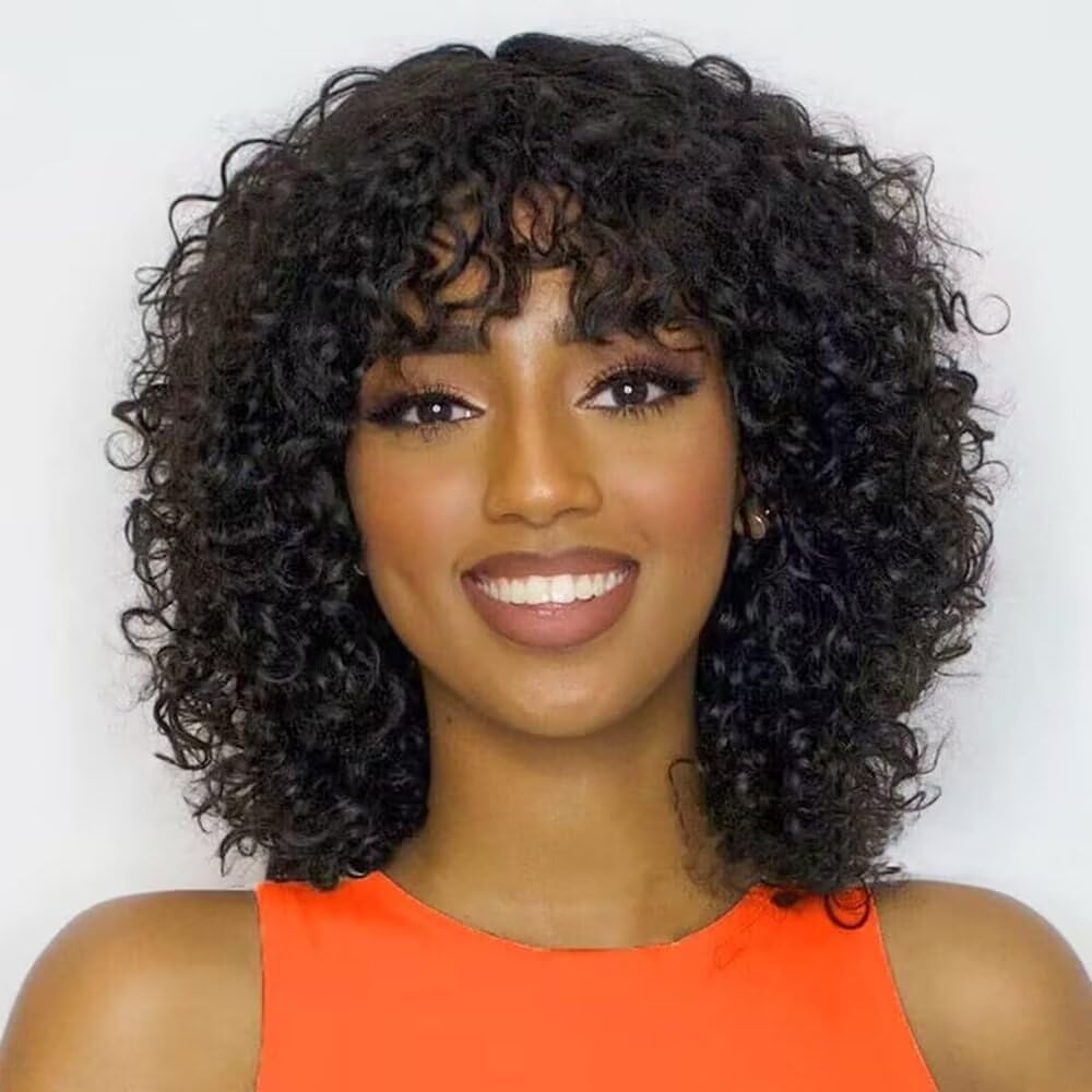 Short Bob Curly Human Hair Wigs With Bangs 100% Brazilian Real Human Hair Wig For Black Women 10 Inch Kinky Curly Wigs With Bangs Machine Made None Lace Front Wig Glueless Bob WigNatural Black