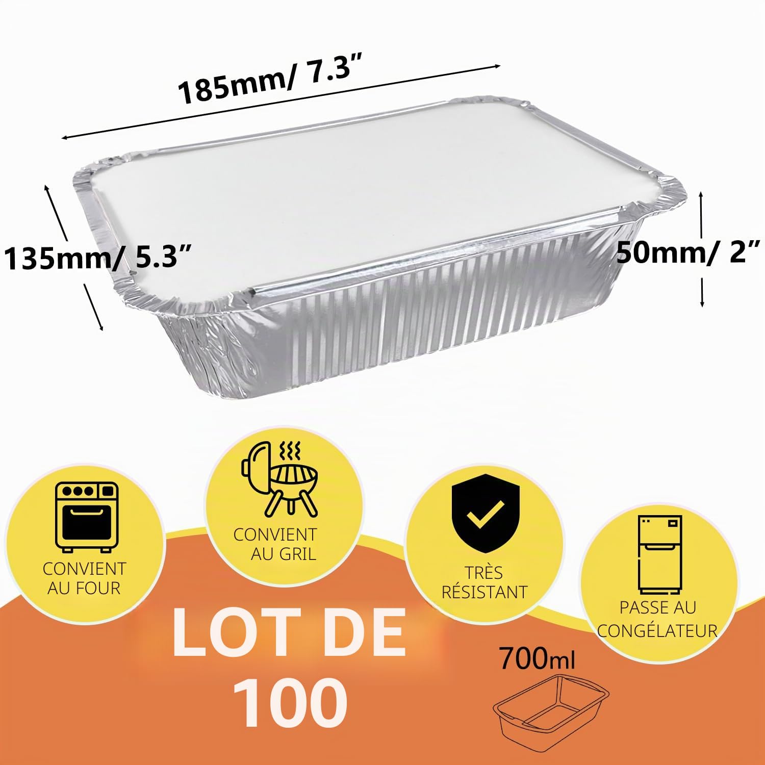 Lot de 125 Barquette Aluminium avec Couvercle 700 ML, Idéal pour Four, Barbecue, Congélation et Batch Cooking, Plat Aluminium Jetables Multi-usages