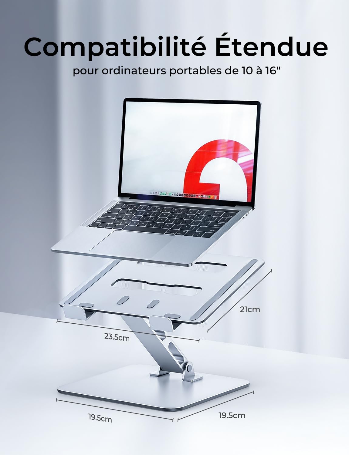 CIRYCASE Support Ordinateur Portable Bureau, Rehausseur PC Portable Stable Aluminium, Ergonomique Laptop Stand Ventilé Réglable & Pliable Porte-Copie, pour MacBook, HP et Autres Notebooks 10-16"