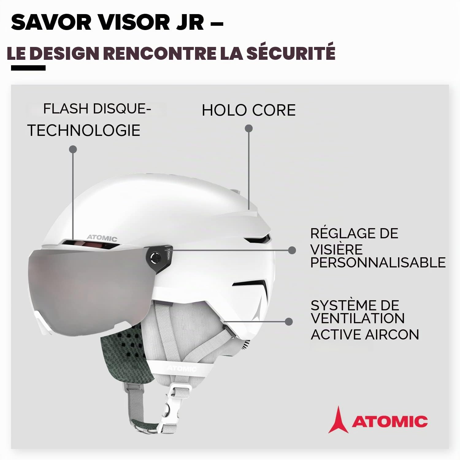 Atomic Savor Visor JR Casque De Ski Avec Visière, Blanc, Taille S, Enfant Et Adolescent, Absorption Maximale Des Chocs, Ventilation Active Aircon, Masque À Miroir Haut De Gamme, 51-55 cm
