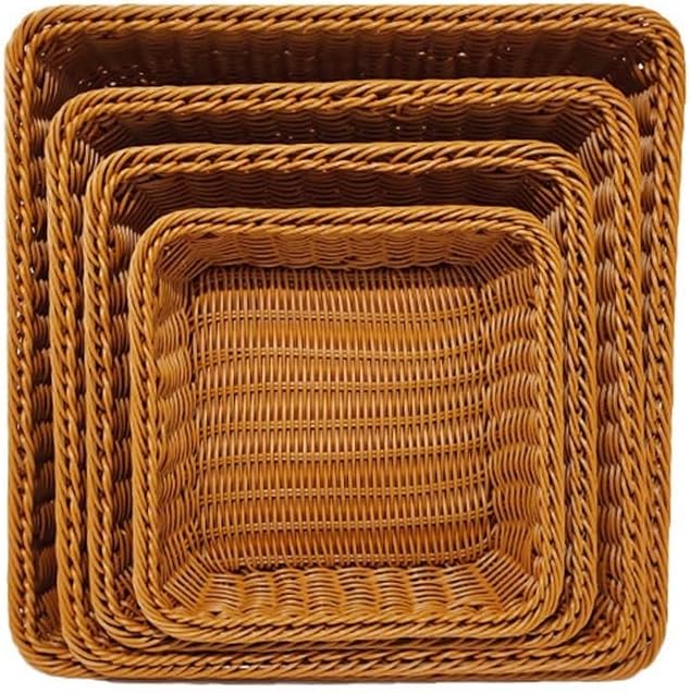 Fengyan Storage 4pcs/Set, Imitation Rattan Woven Basket, Supermarket Display Storage Tray, Living Room Table Jewelry Square Plate(Dark Brown)