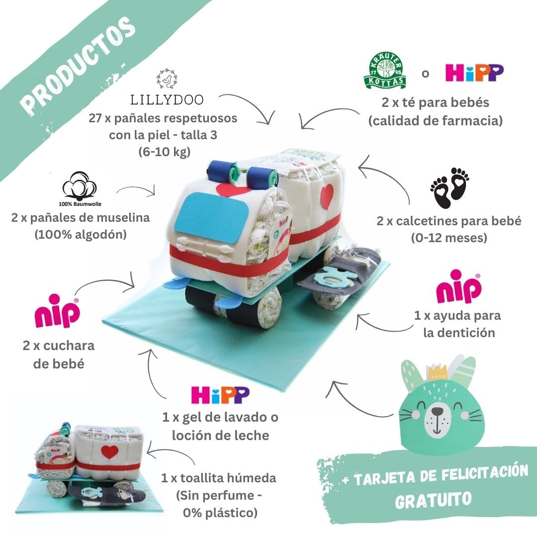 myBambini ® Tarta pañal ambulancia con calcetines de bebé [regalo para socios y rescate profesional]- Regalo de nacimiento - Baby shower - Bebé