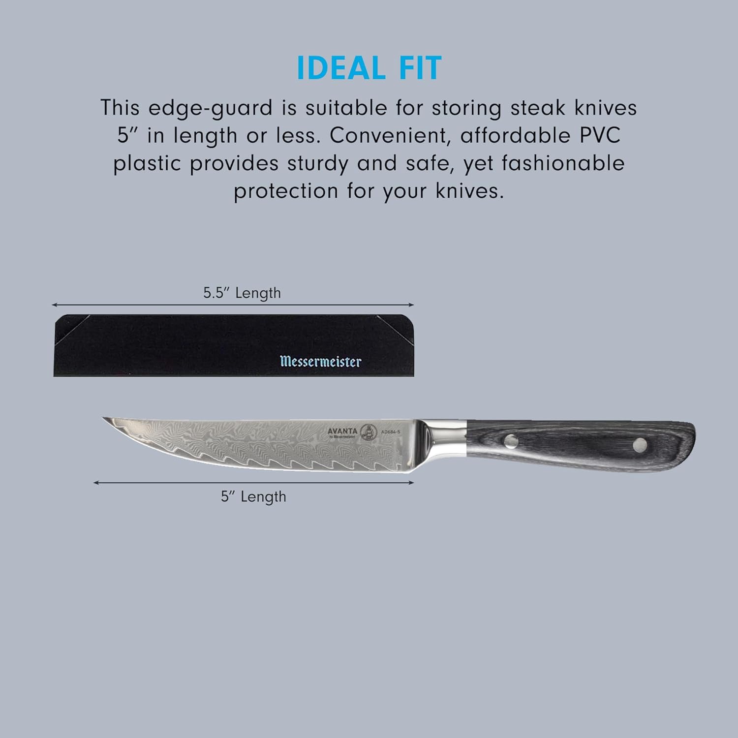 Messermeister Avanta Damascus Forged 5” Fine Edge Steak Knife Set (Includes 4 Steak Knives) + 4-Piece Steak Knife Edge-Guard, Black