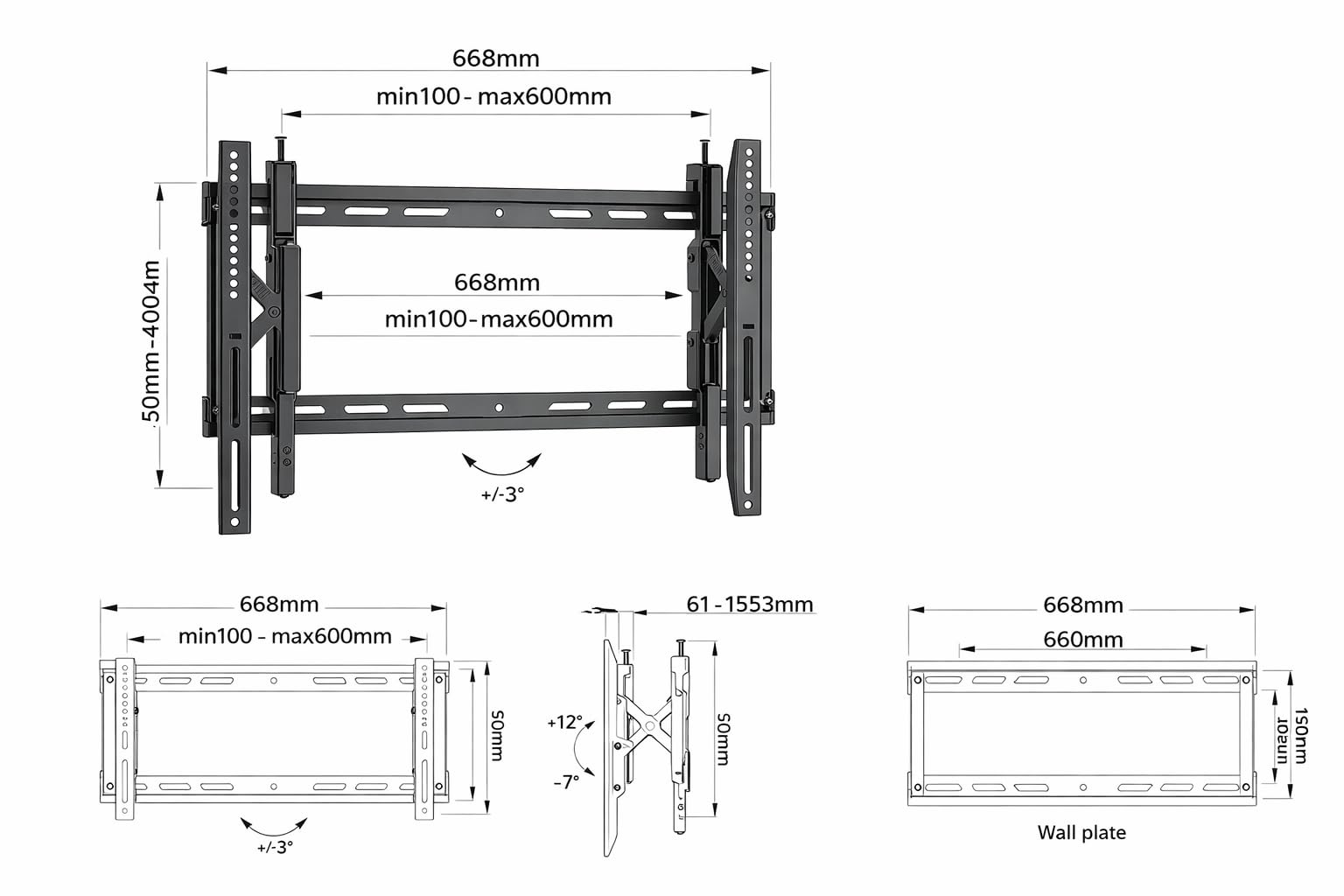 Multibrackets Push-Out600 Soporte de Pared inclinable Universal 43″-86″, VESA hasta 600×400, Sistema Push-out Extensible 15 cm, Ajuste Fino y Lateral, hasta 60 kg.