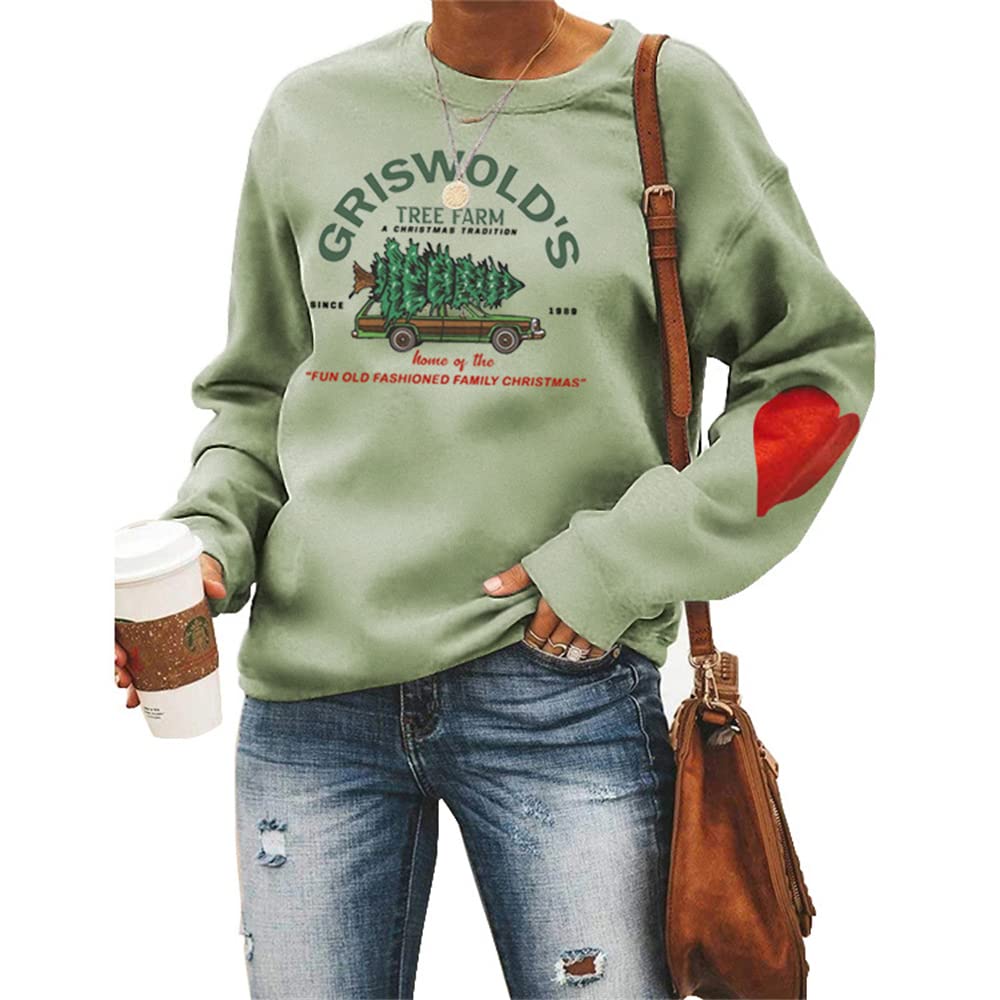 Mlzhan Women's Olive Green Griswold's Tree Farm Sweatshirt Christmas Family Graphic Aesthetic Sweatshirts With Red Heart (,S,S)