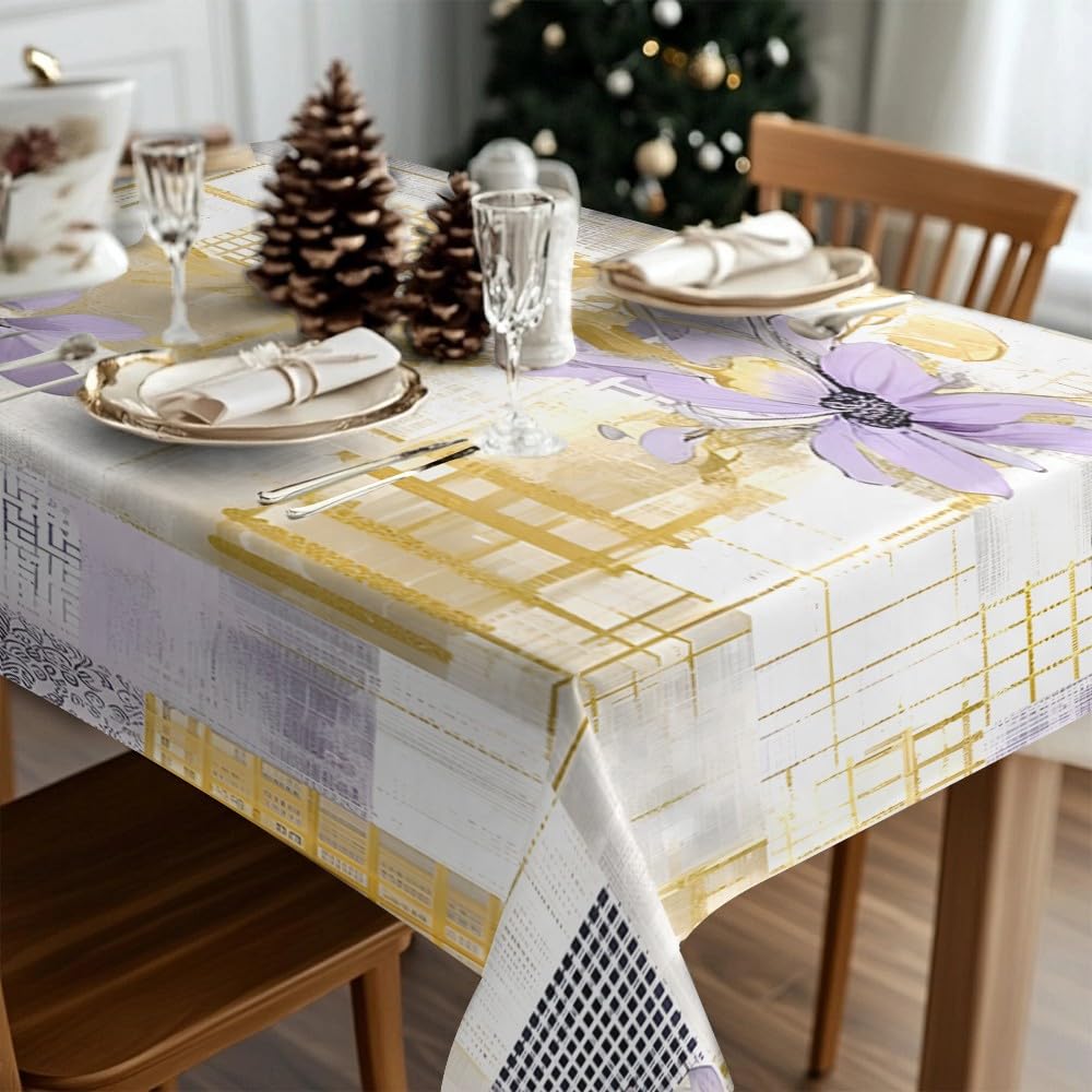 Carreaux Floraux Nappe Rectangulaire 160x200 cm Grille Moderne, Nappe de Table Motif Floraisons Aquarelle en Polyester, Nappe en Tissu Imperméable et Anti-Tache - G-1104