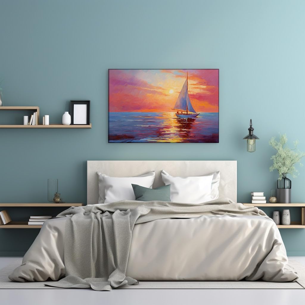 Canvas for Living room. Sailing into Serenity The Mesmerizing Sunset Seascape Unveiled, 27 x 18 inch Canvas Wall Art - Contemporary Masterpieces - Modern Home Decor