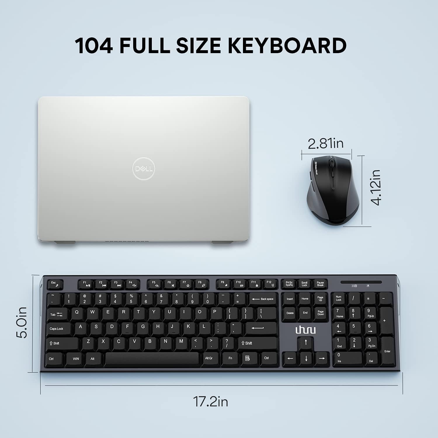 Dimensions of the UHURU wireless keyboard and mouse