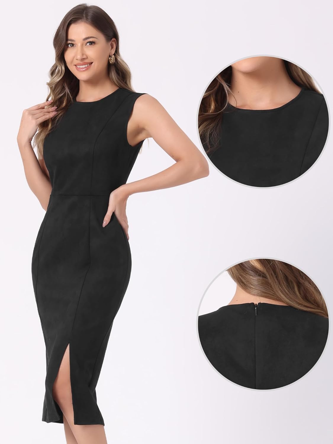 Allegra K Faux Suede Dresses for Women's Sleeveless Crewneck Split Hem Work Office Sheath Dress - Image 2