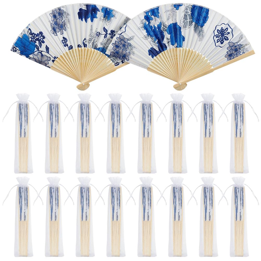 OLYCRAFT 18 Sets Weiße Chinoiserie Bedruckter Handfächer mit Organza Beutel Blaue Blume Porzellan Faltbarer Handfächer Retro Handfächer Handfächer Großpackung für Tanz Cosplay Hochzeitsfeier