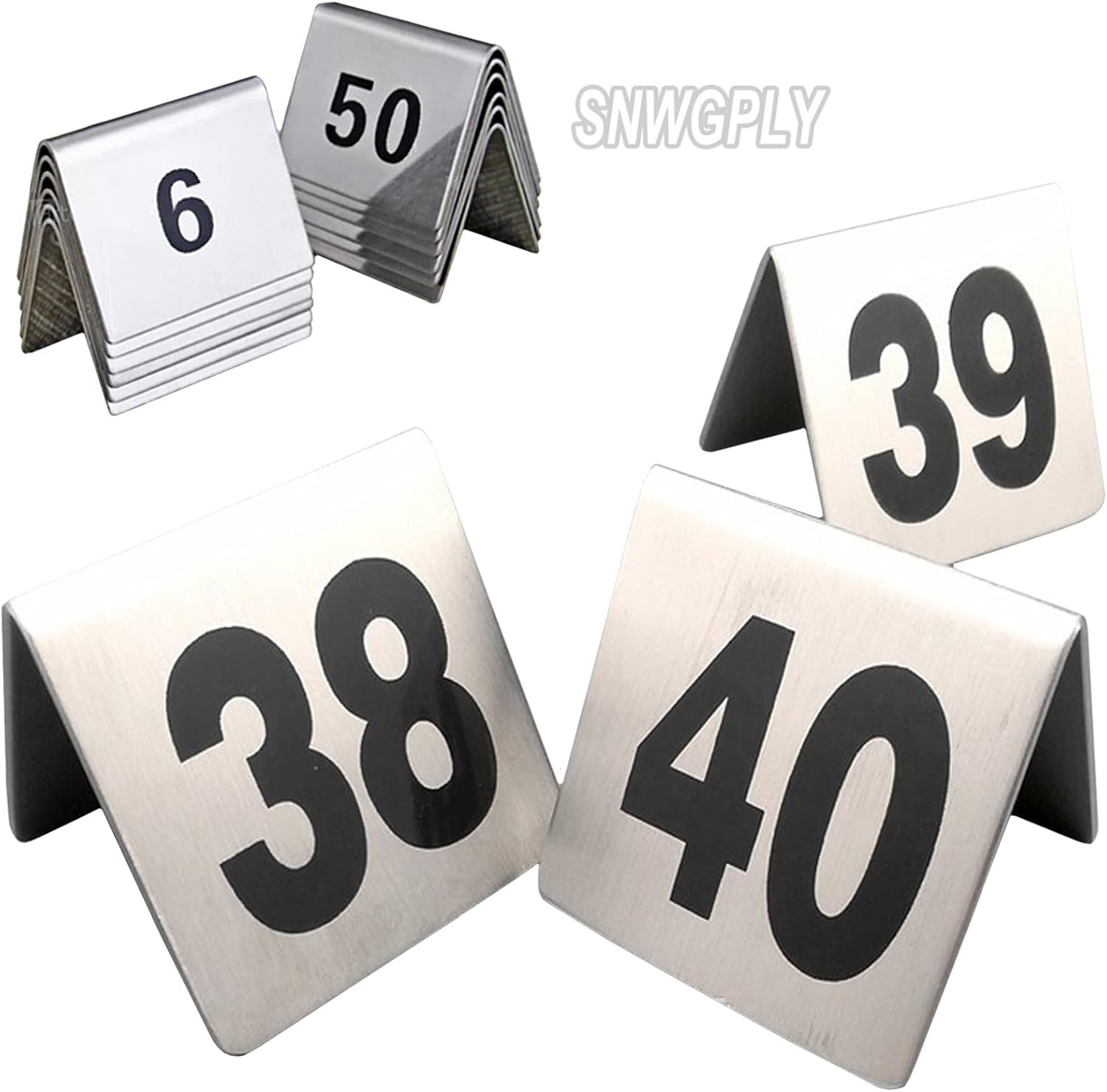 SAGIDAR Stainless Steel Table Signs Place Cards, Restaurant Table Numbers 1 to 100, Tabletop Number Sign Stackable for Foodservice, Double-Side Black Numbers (Color : 1 to 50, Size : 50x40mm)