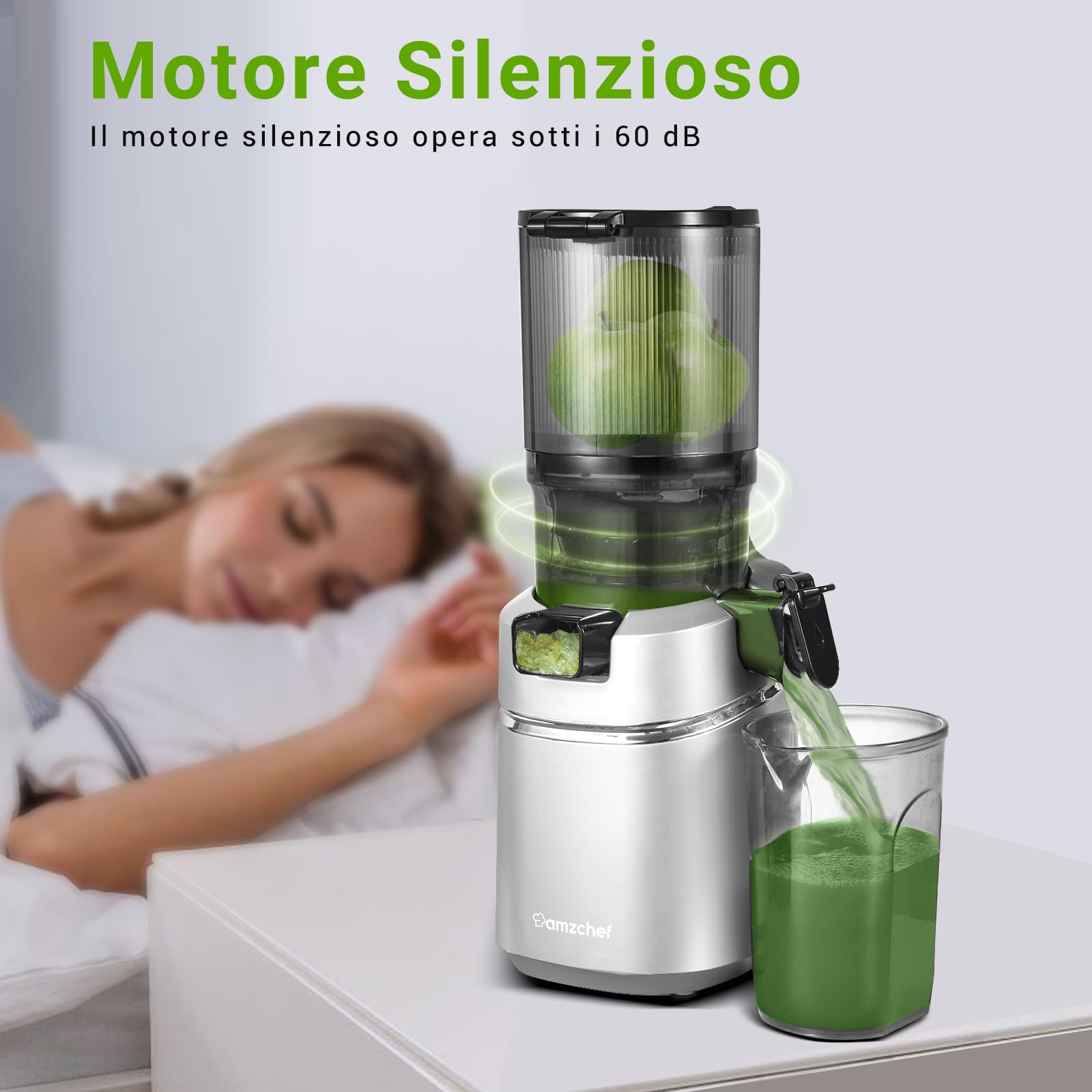 AMZCHEF Estrattore Automatico, Apertura 135MM e Capacità 1,8L Estrattore Frutta e Verdura Intera, 250W Estrattori di Succhi Professionale con Triplo Filtro - Argento