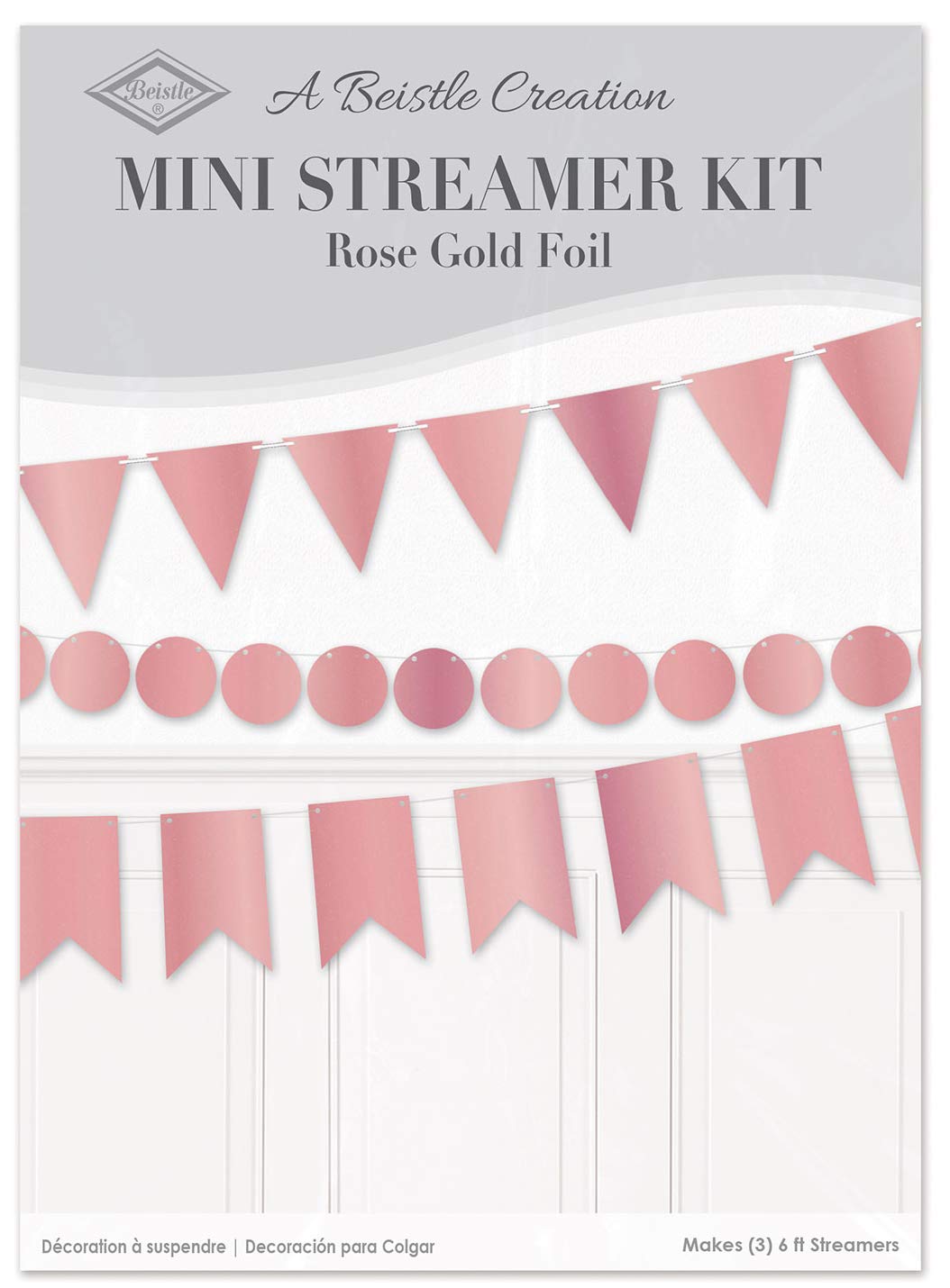Beistle S53585RSEGDAZ1 Folienkarton Mini Streamer Kit Babyparty Banner Geburtstag Party Supplies, 5,1 cm - 15,2 cm x 45,7 cm, Roségold