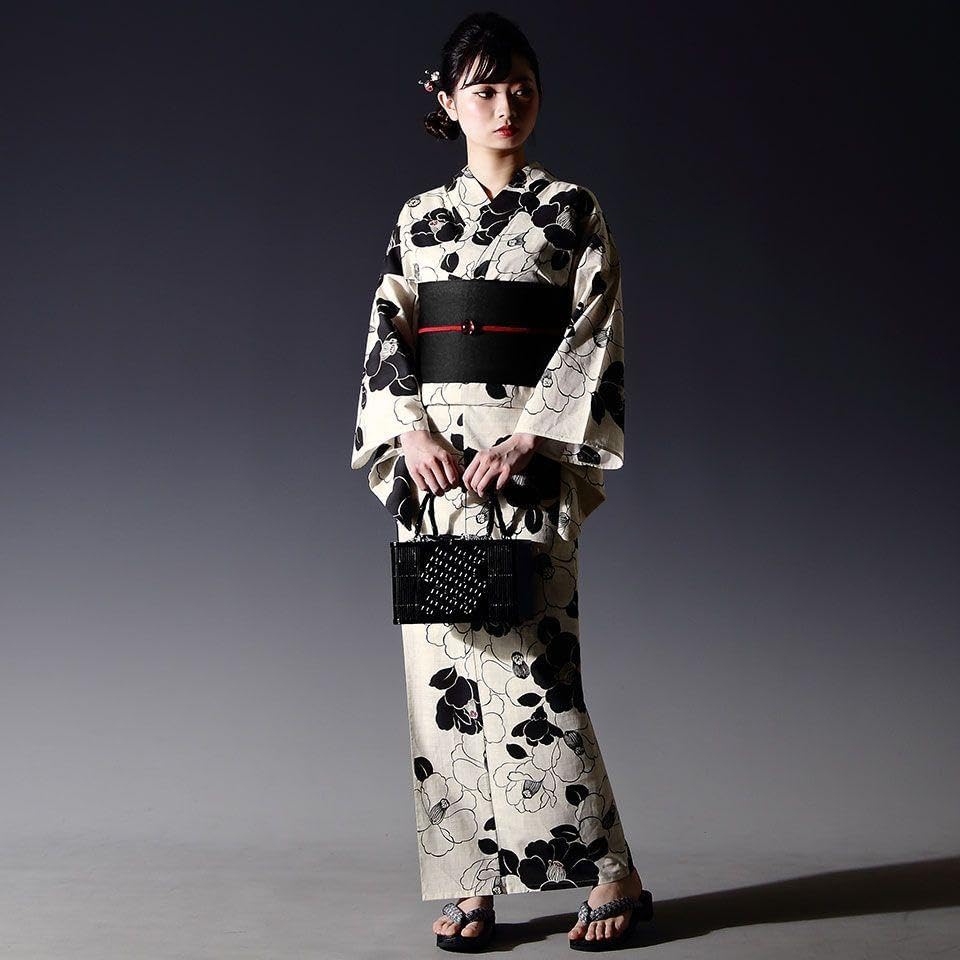 【浴衣3点セット】生成りに白黒椿 美品 フリーサイズ 新品未使用品 楽天市場】浴衣 3点セット(浴衣＋帯＋下駄）モダン レディース