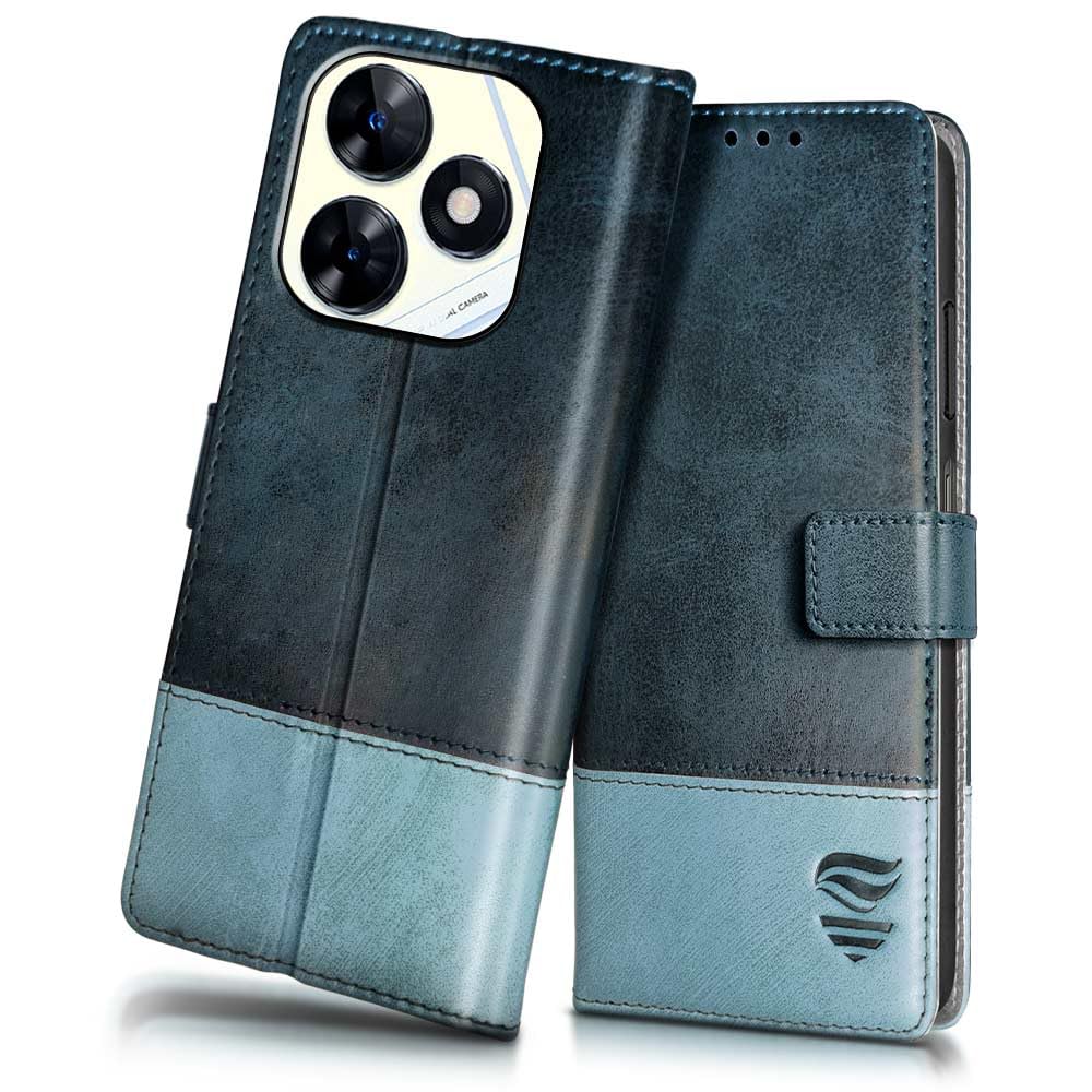 FLIPPED Vegan Leather Flip Case Back Cover for Tecno Pop 8 | Spark Go 2024 | Tecno Spark 20 (Flexible, Shock Proof | Hand Stitched Leather Finish | Card Pockets Wallet & Stand | Blue with Aquamarine)