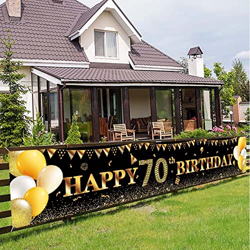 Happy 70th Birthday Banner,70th Birthday Decoration Black Gold,Party Backdrop Banner Fabric Banner for Men Women 70th Birthday Photo Backdrop,Photography Background,Outdoor Yard Garden Table Wall