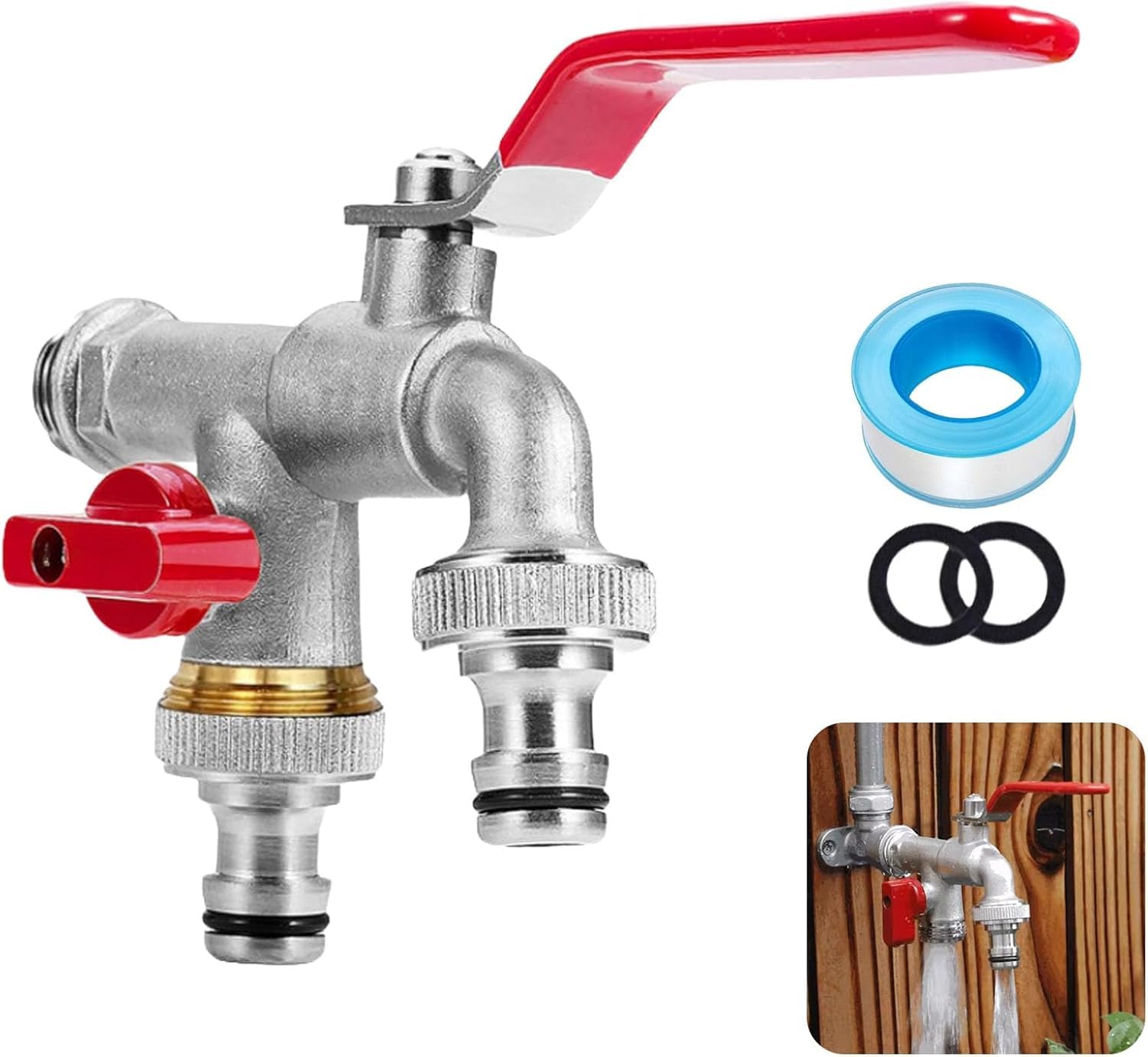 Double Outlet Garden Tap, Universal Stainless Steel Double Outlet Garden Water Faucet, Outdoor Tap Gardens Hose Splitter, 3/4" Water Hose Splitter (Red)