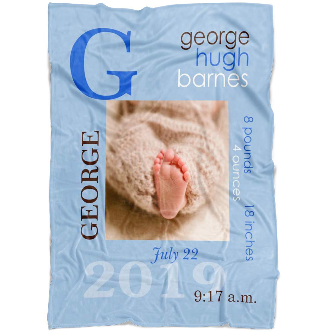 Personalized Baby Photo Newborn Blanket with Birth Information for Girl & Boy. Customized Blanket from Baby's Name, BirthDate, Weight. Gift for New Born, Dad Mom Grandparents (Light Blue)