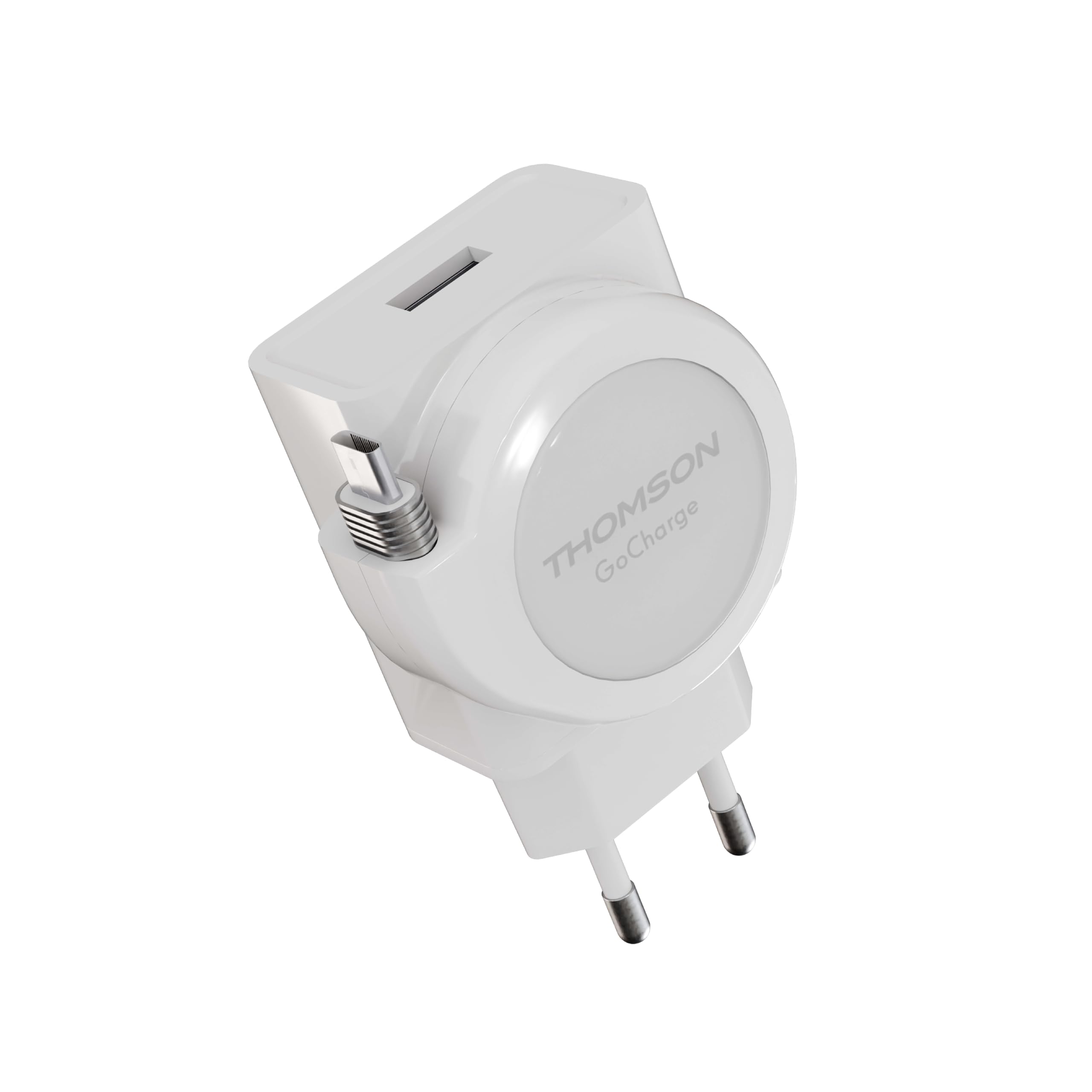 THOMSON Go Charger Caricatore Rapido 22.5W con USB-C & USB-A, Cavo Retrattile da 90 cm (6 Lunghezze), Compatibile con iPhone & Android, Power Delivery, Quick Charge 3.0, Design Compatto, Bianco