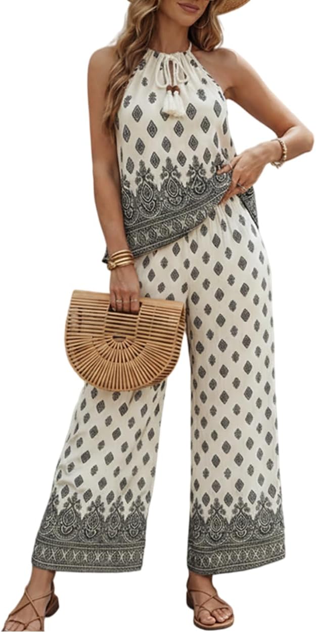 CHICME Womens Summer 2 Piece Boho Outfits Sleeveless Halter-Neck Top and Elastic Waist Wide Leg Pants Vacation Set