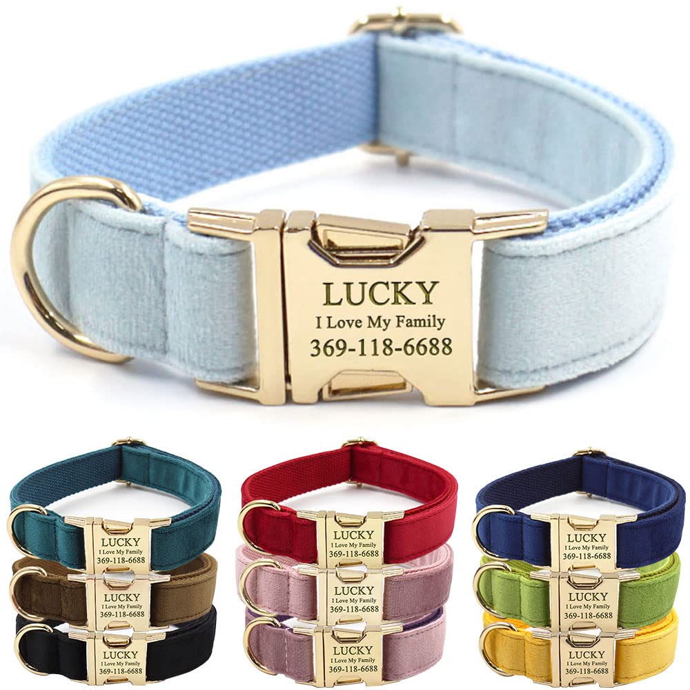 PETDURO Personalized Dog Collar Sky Blue Soft Velvet for Large Medium Small Boy Girl Dogs - Custom Collar with Name Phone Number Engraved on Gold