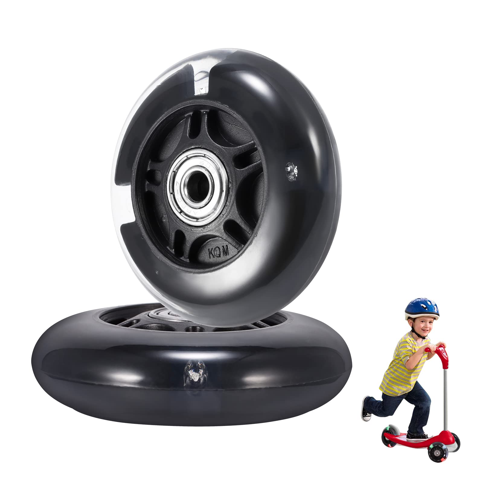 Scooter Replacement Wheels, 2 Pcs LED Flash Wheel 80MM, Mini Maxi Micro Scooter Skate Wheels Flashing Roller Lights Back Rear ABEC-7 80MM for Kids & Teens Indoor Outdoor Skating (Black)