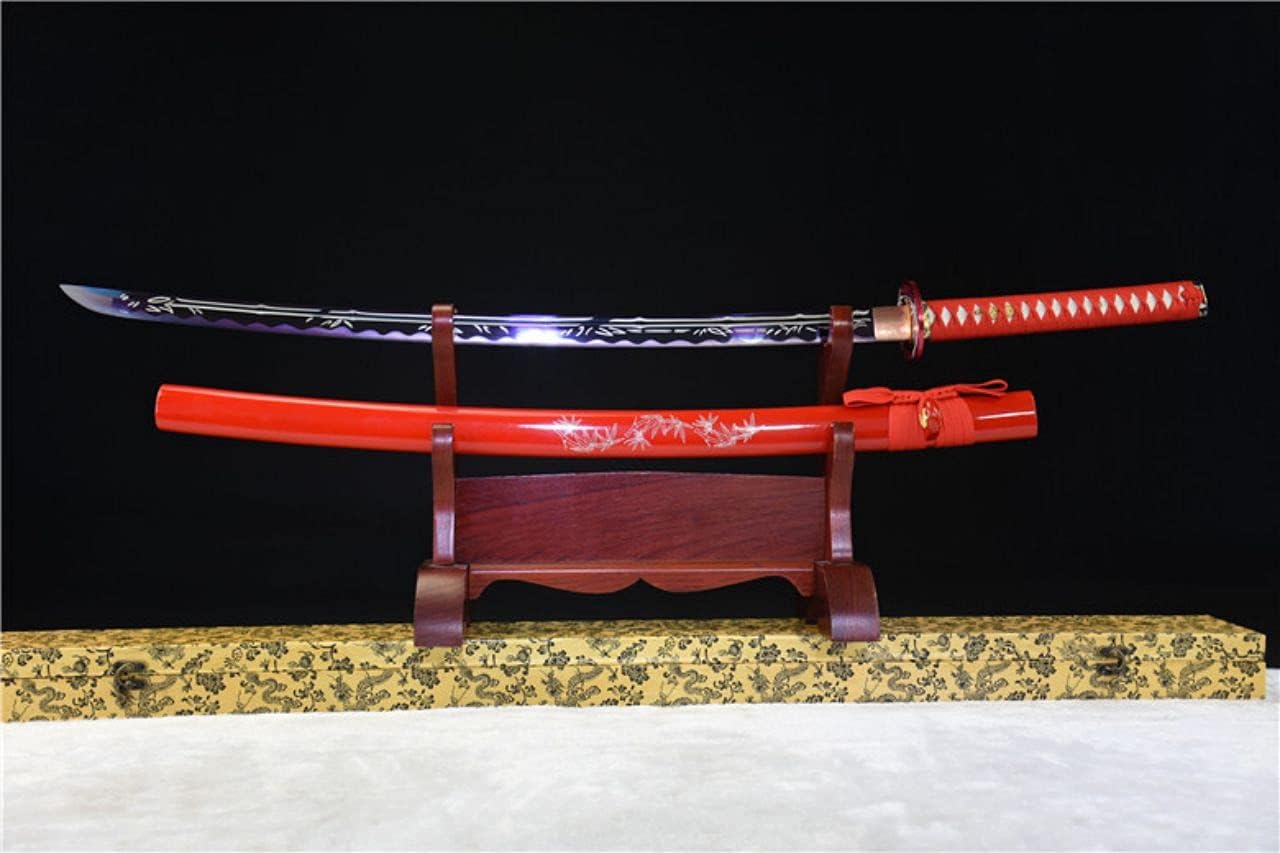 New Handmade Japanese Samurai Sword T1095 High Carbon Steel Katana Engraved Bamboo Blade,Electroplated Puprle,Blue,Gold Blade Full Tang Sharp Combat Ready (Red Bamboo Katana)