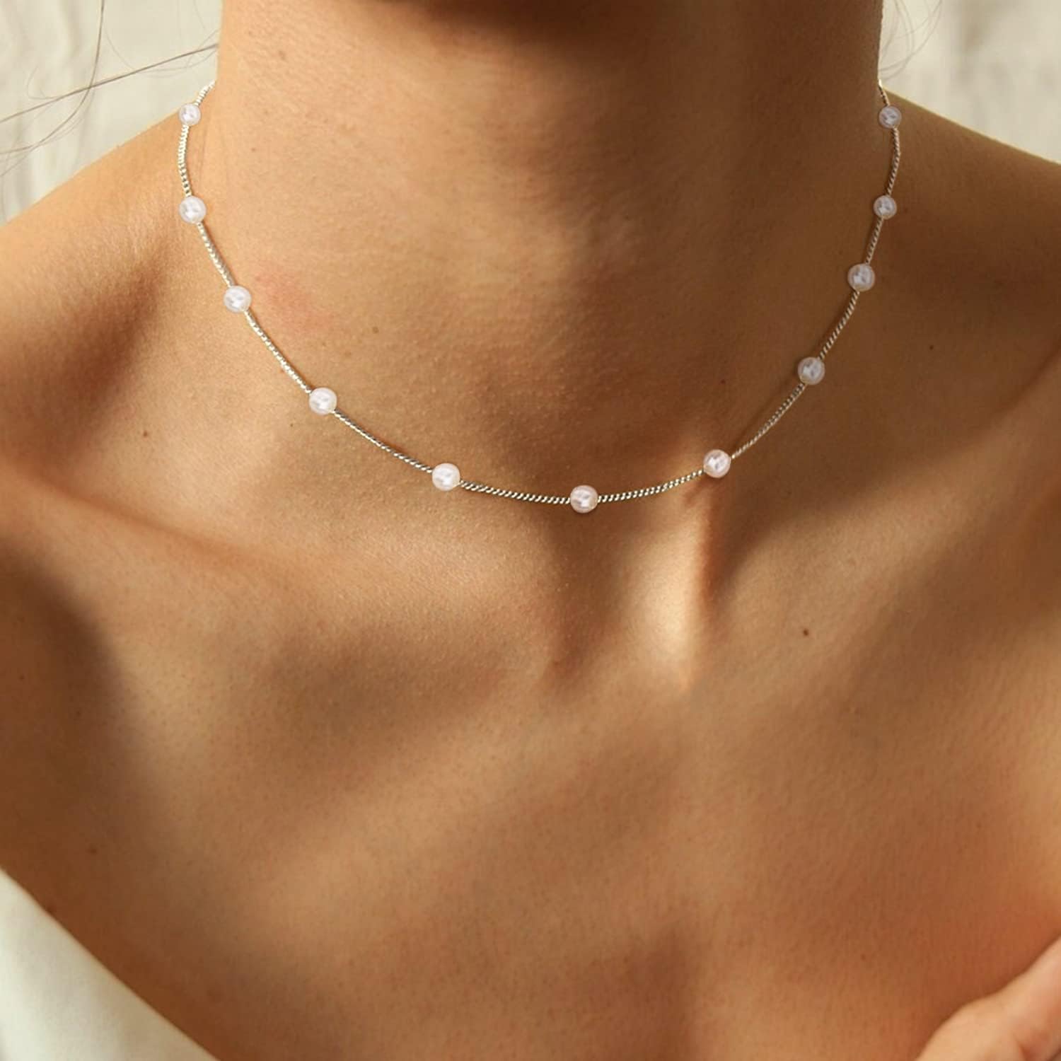 Gold Pearl Necklace for Women, 14K Gold Plated Layered Pearl Necklaces for Women Trendy Simple Herringbone Chain Pearl Necklace for Women Gold Jewelry Gifts - Image 4