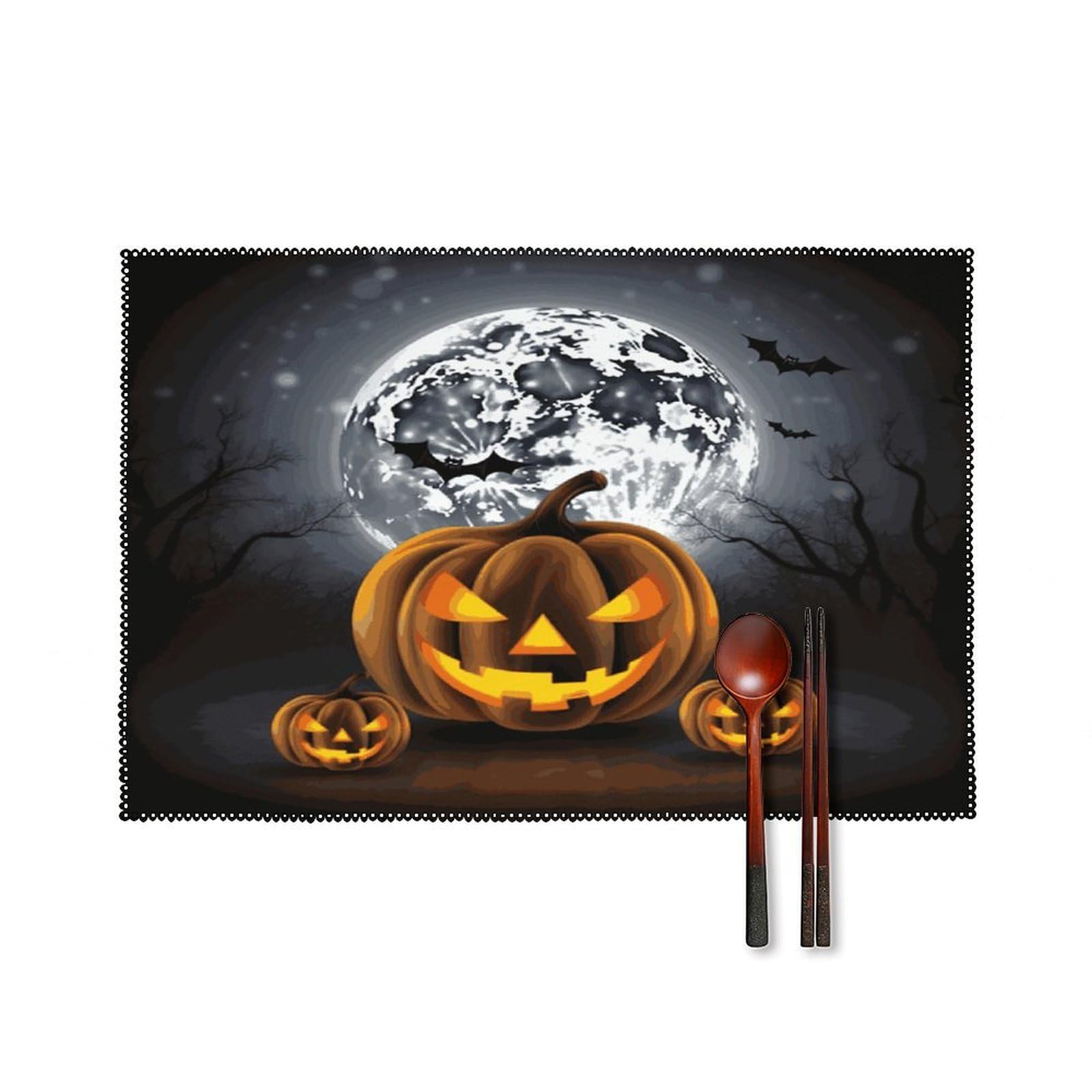 Btcowzrv Style Halloween Moon Bat Pumpkin Canvas Placemats Set Of 6, Wipeable Washable Place Mats For Indoor & Outdoor, Table Mat Decor For Kitchen Dining Party