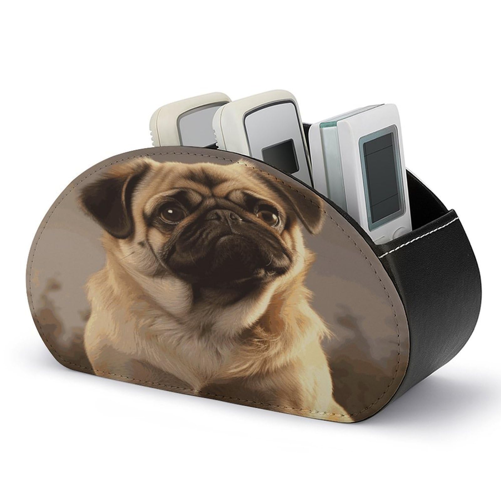JTREHY Cute Pug Dog Remote Control Holder 5 Compartments Remote Caddy Tray PU Leather TV Remoter Storage Box Bedside Table Storage Organizer Office Desk Storage Case