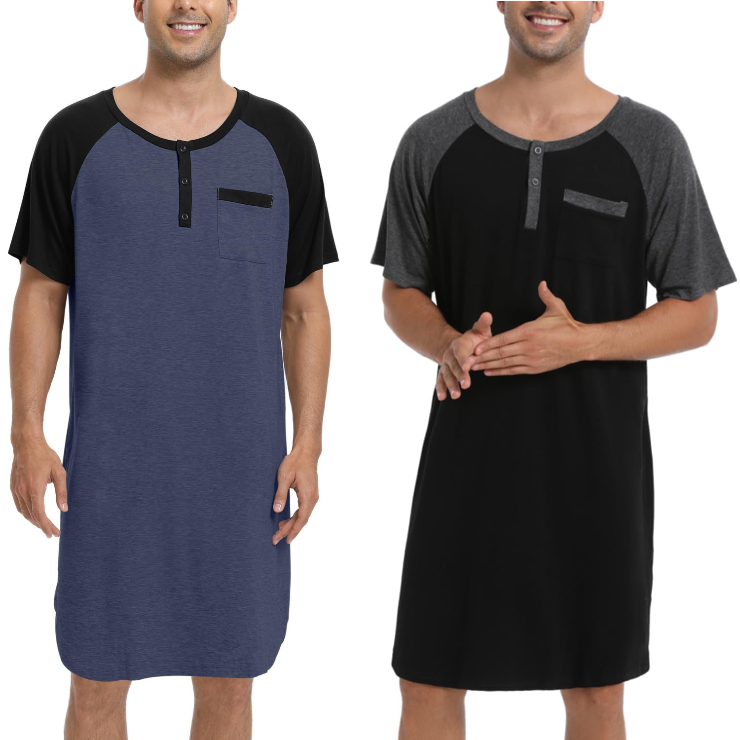 Enjoyoself Camisón Hombre Dormir Camisetas de Pijama Algodón Larga Suave Transpirable Camisa de Noche de Manga Corta Camison Hospital Ropa de Dormir para Descansar