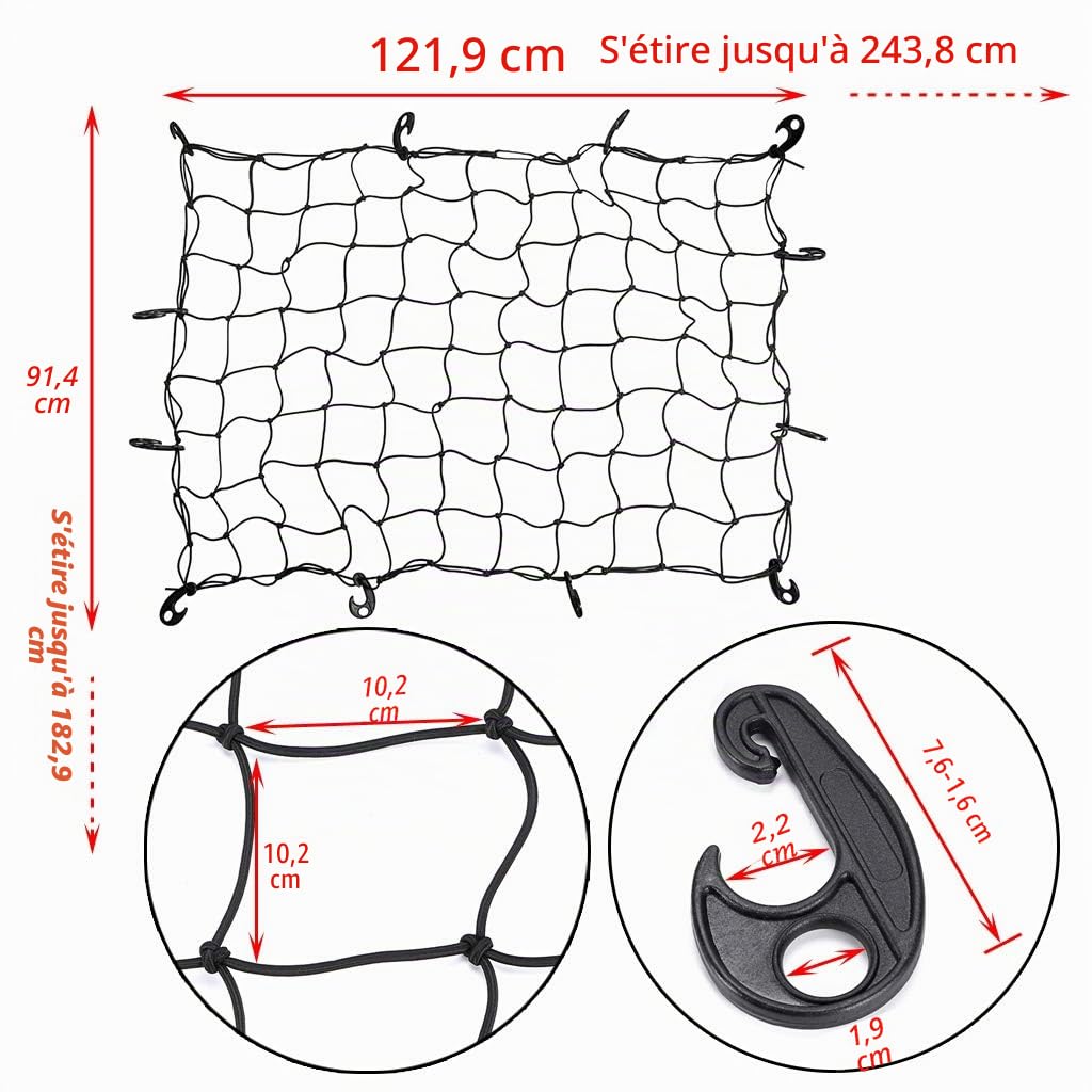 BTSKY - Résistant filet de serrage avec 12 crochets en ABS – grande capacité, filet de toit pour voitures, coffre, porte-bagages de voyage, élasticité, porte-bagages de toit, 90 x 120 cm à 180 x 240