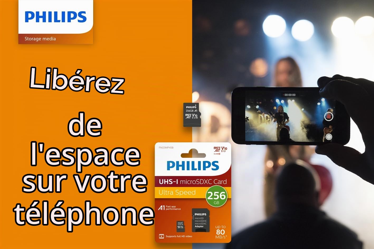 Philips Ultra Speed Carte microSDXC Card 256 Go + Adaptateur SD UHS-I U1, Vitesse de Lecture jusqu'à 80 Mo/s, A1 Fast App Performance, V10, Carte mémoire pour Smartphones, Tablette, PC, vidéo Full HD
