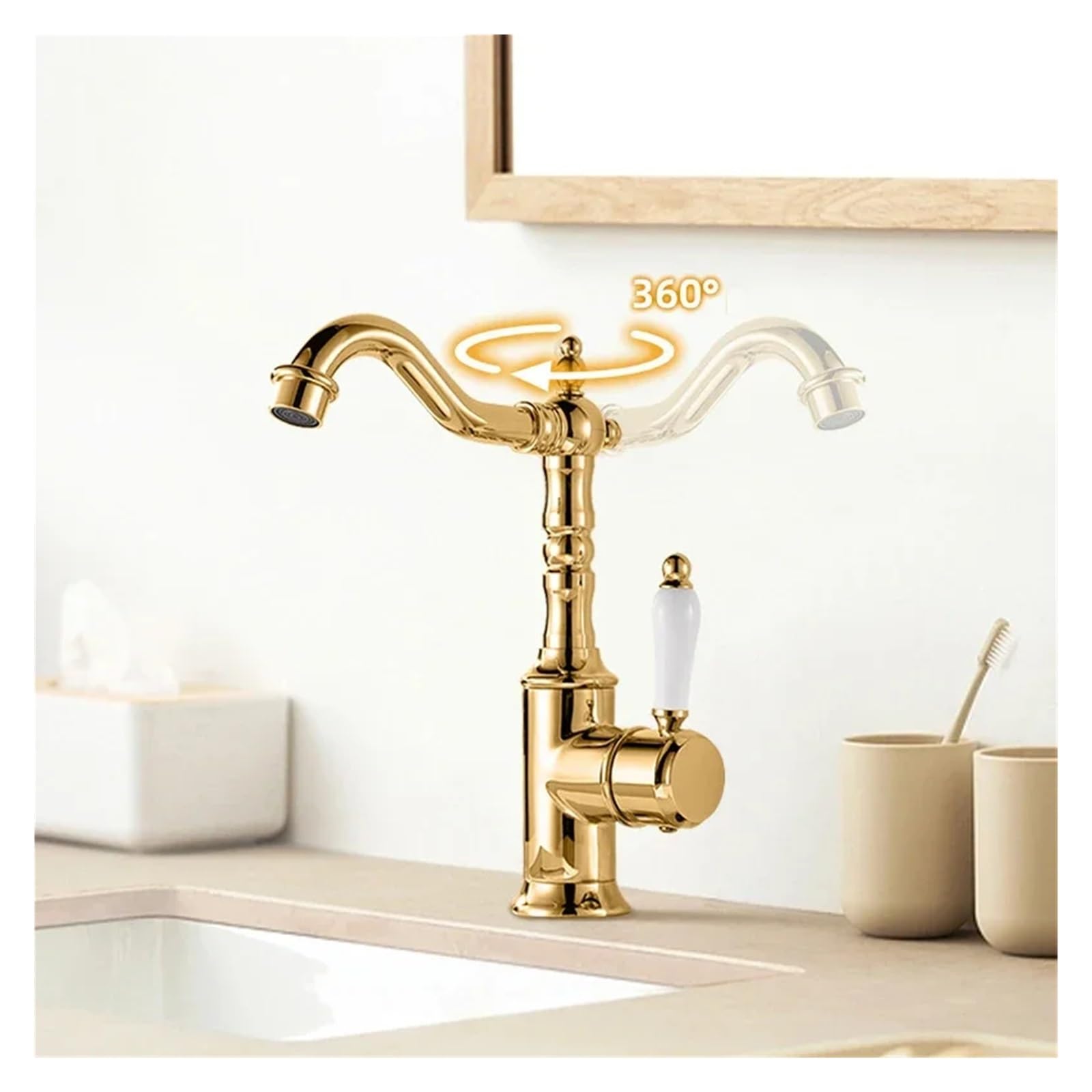 HLTYGWX Chromowany antyczny mosiądz bateria umywalkowa pojedynczy uchwyt bateria umywalkowa 360 obrót bateria kuchenna baterie kuchenne baterie złoty czarny, zlew kuchenny
