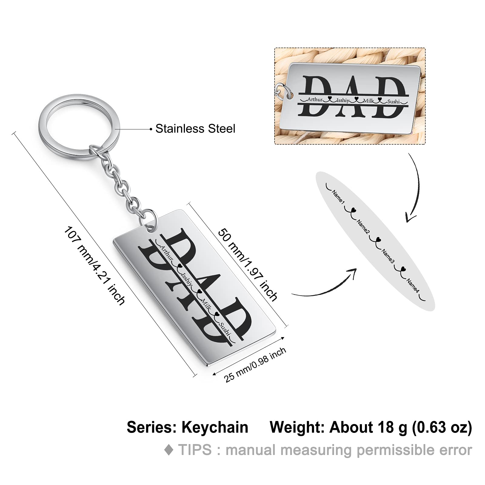 ROSI Custom Dad Key Chain with 1-4 Child Names,Unique Father Gifts for Dad,Father's Day Gifts from Daughter,Engraving Name Keychain for the Best Dad,Husband Gifts