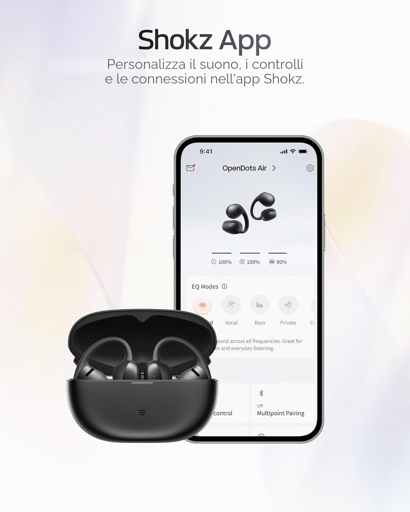 SHOKZ OpenDots Air cuffie open-ear clip-on, ultraleggere 6,3 g - Nero | bassi profondi, vestibilità sicura, 36 h di riproduzione, Bluetooth 6.1, riduzione rumore AI, IP55