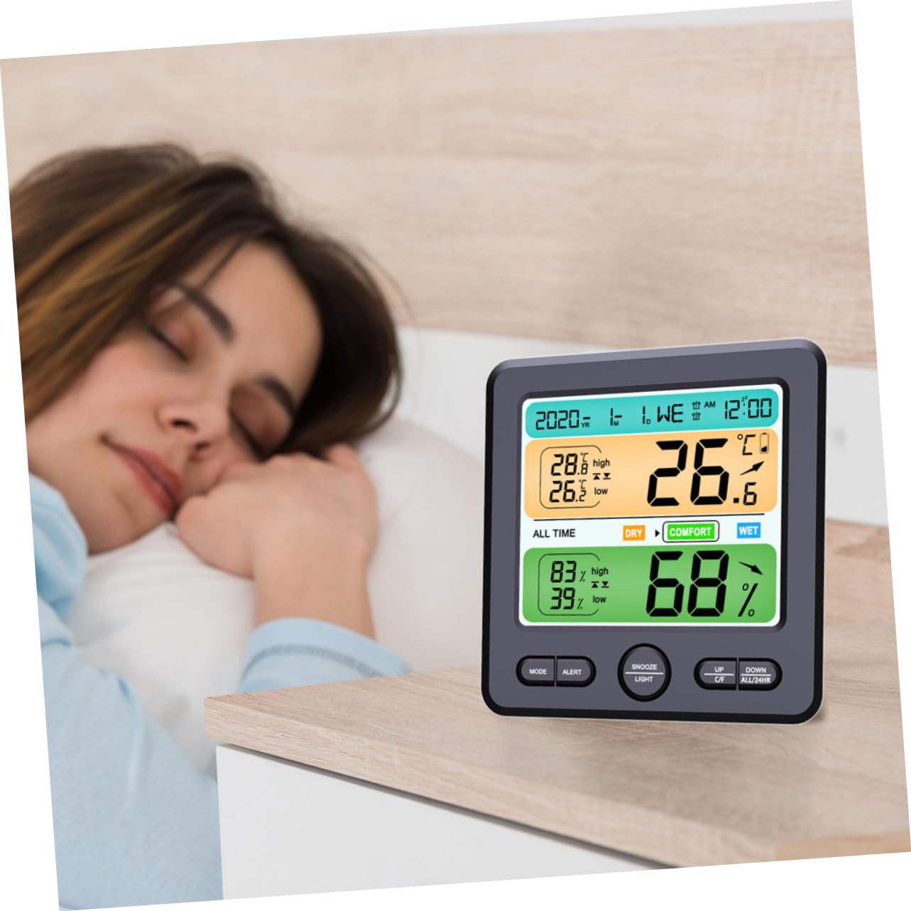 Thermohygrometer Uhr Schwarz mit LED Anzeige, Abs, 1 Stück | Klappbarer Standfuß, ohne Batterie, für Tisch und Wandmontage, Temperaturgenauigkeit ±1 °c, Feuchte ±5 % Rh