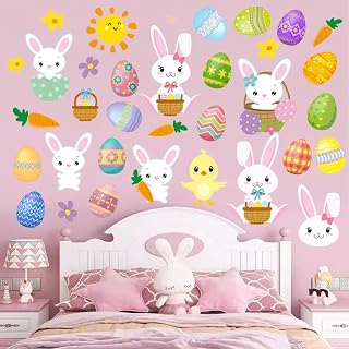 53Pcs Easter Bunny Window Clings Set, Colorful Rabbit Eggs Chick Carrot Stickers, Fun Spring Wall Window Decals for Kids Room Classroom, Easter Party Decoration Crafts