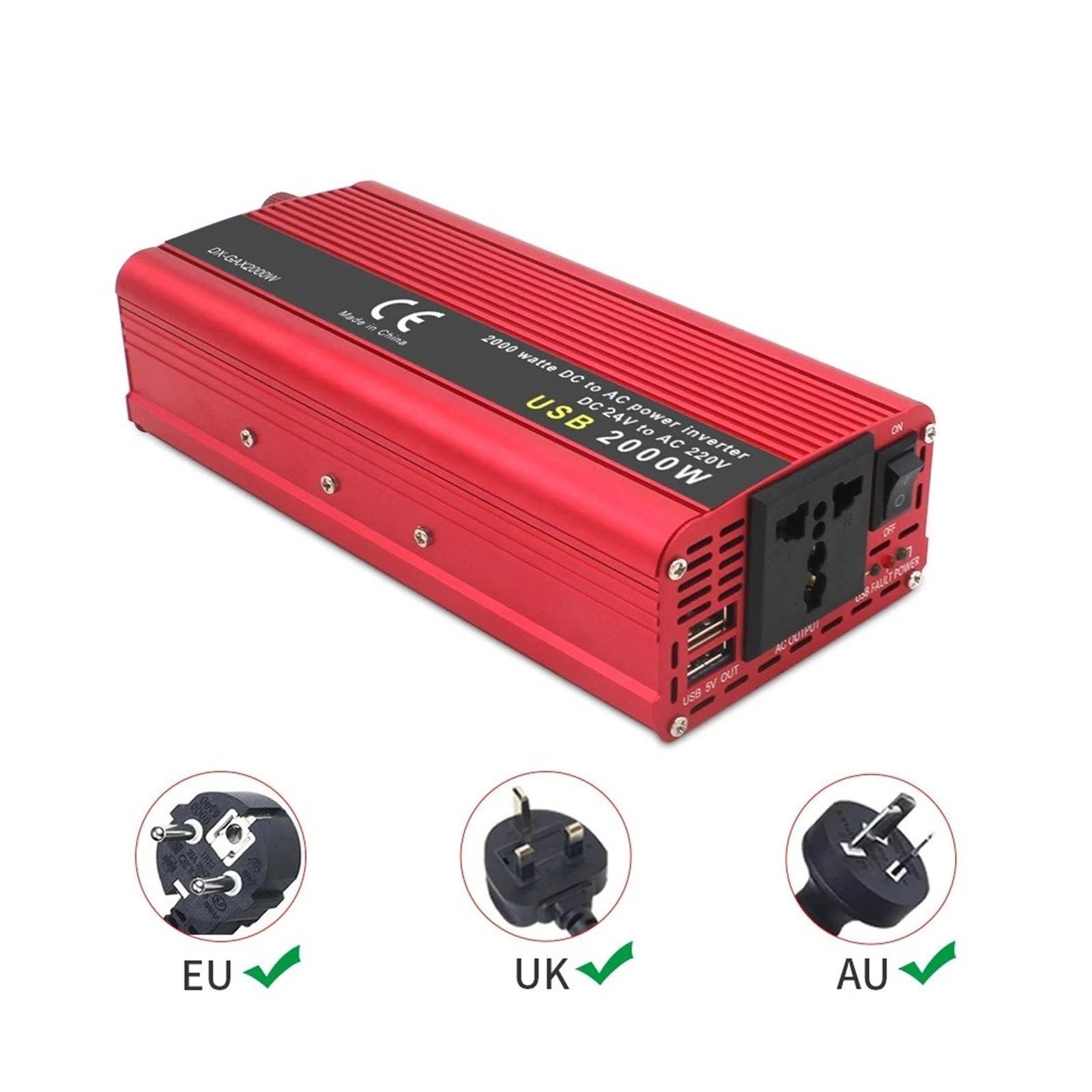 Convertidor Inversor Transformador Inversor Energía Solar Portátil 1500W/2000W 24V A 220V/230V Convertidor Voltaje Enchufe Universal Accesorios para Automóviles.