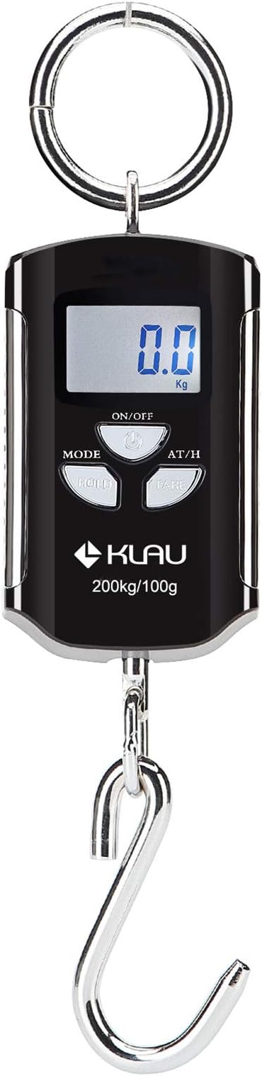 Klau Portable Fish Scale 200 kg / 400 lb Heavy Duty Digital Hanging Scales LCD Display with Backlight for Home Farm Market Hunting Black and Silver