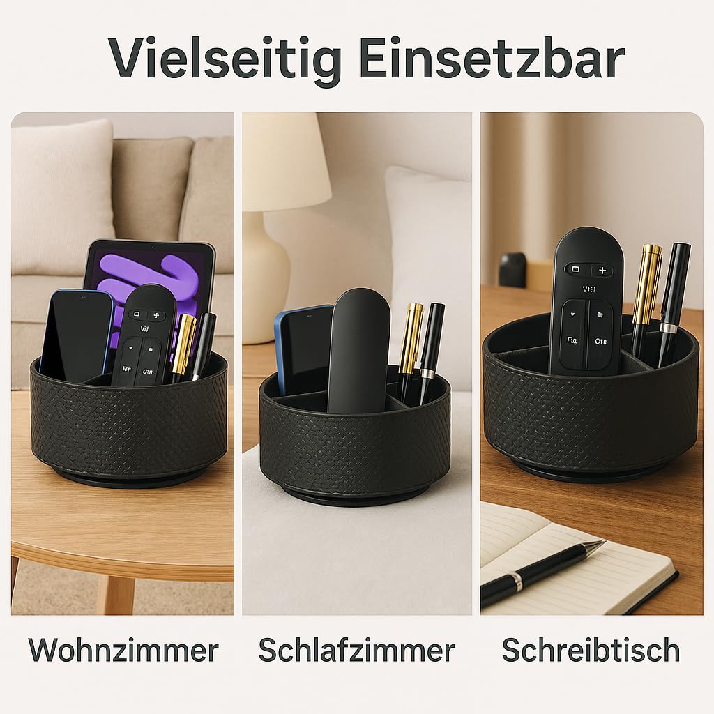 Neateam 360° Drehbarer Fernbedienungshalter – TV Fernbedienung Aufbewahrung – Organizer mit 5 Fächern aus PU Leder – Schreibtisch Aufbewahrung für Fernbedienung, Handy, iPad Mini, Stifte – Schwarz Bürobedarf & Schreibwaren