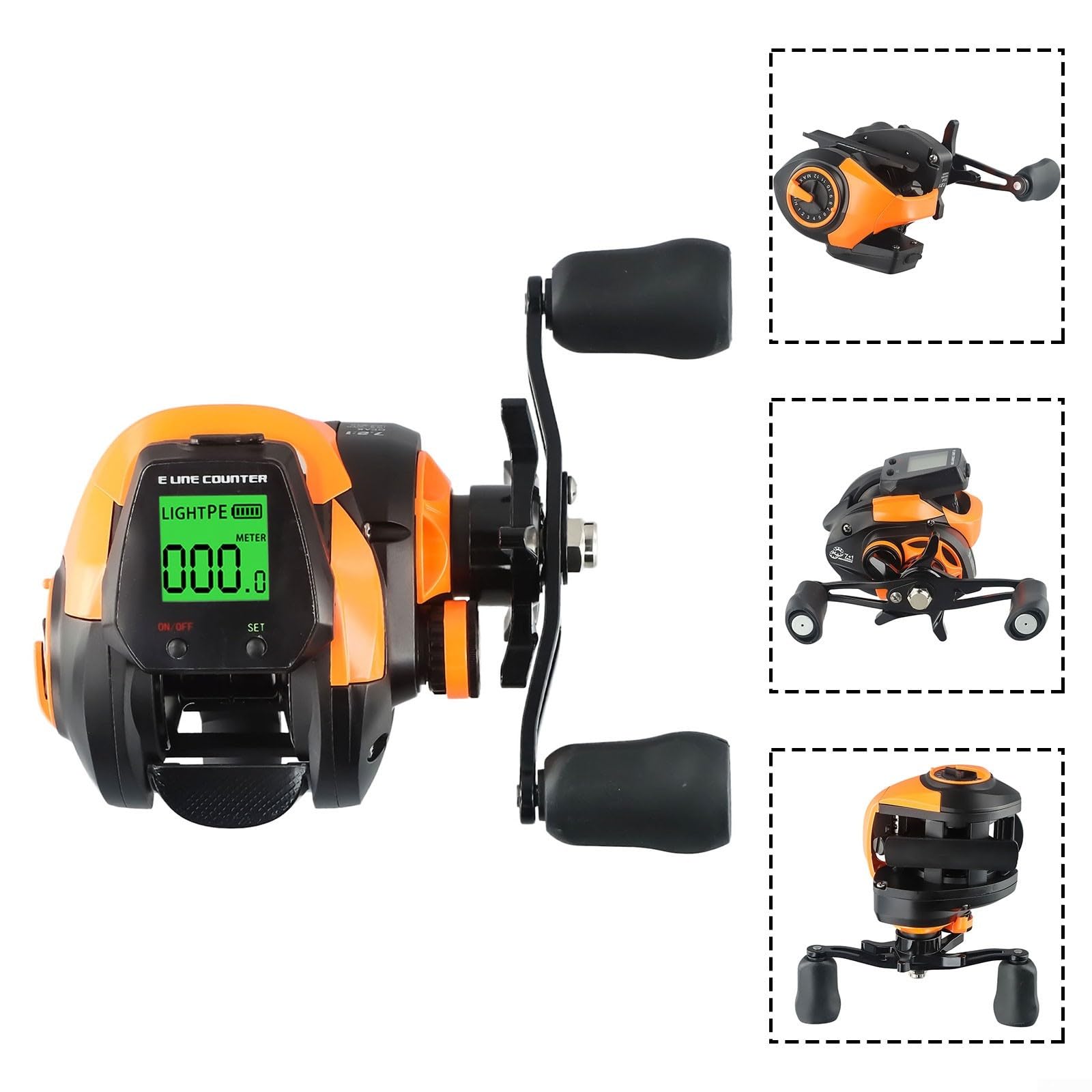 Carrete de pesca con alarma de mordida, carrete de pesca avanzado con pantalla digital, posición de profundidad de alarma de mordida, relación de engranaje 7.2:1, 10 frijoles magnéticos, recargable