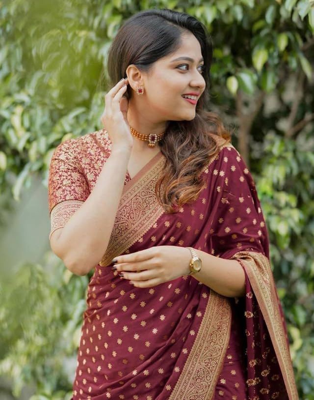 SIRIL Women's Banarasi Soft Silk Saree With Unstitched Blouse Piece (4181S117_Maroon) - Image 4 thumbnail