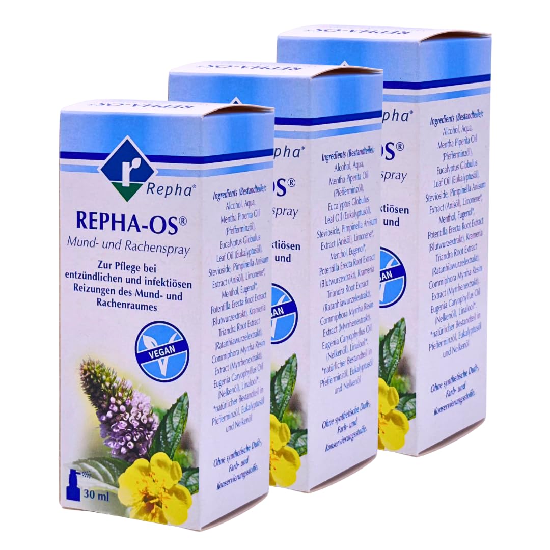 Repha-OS Mund- und Rachenspray 3x 30 ml I Pflege bei entzündlichen & infektiösen Reizungen im Mund- & Rachenraum I zuckerfrei & pflanzlich I gegen Mundgeruch I Spar-Set plus Pharma Perle give-away