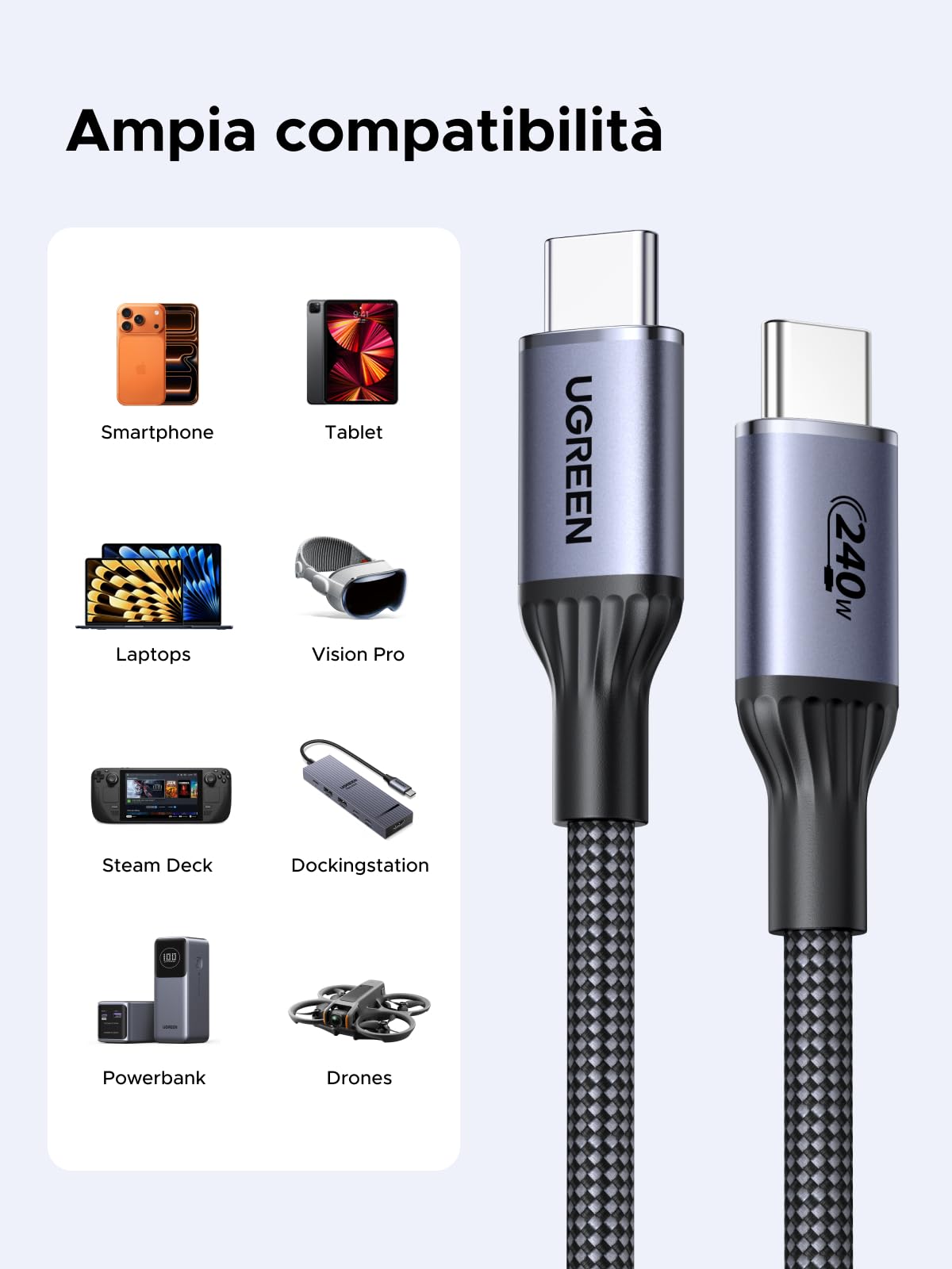 UGREEN Cavo USB C 240W, Certificato USB-IF Carica Rapida PD 3.1, Compatibile con Macbook Air, iPhone 17 Pro Max Air/16/15 Plus Pro Max, Galaxy S25 Ultra, Pixel 10/9/8, ecc. 1M